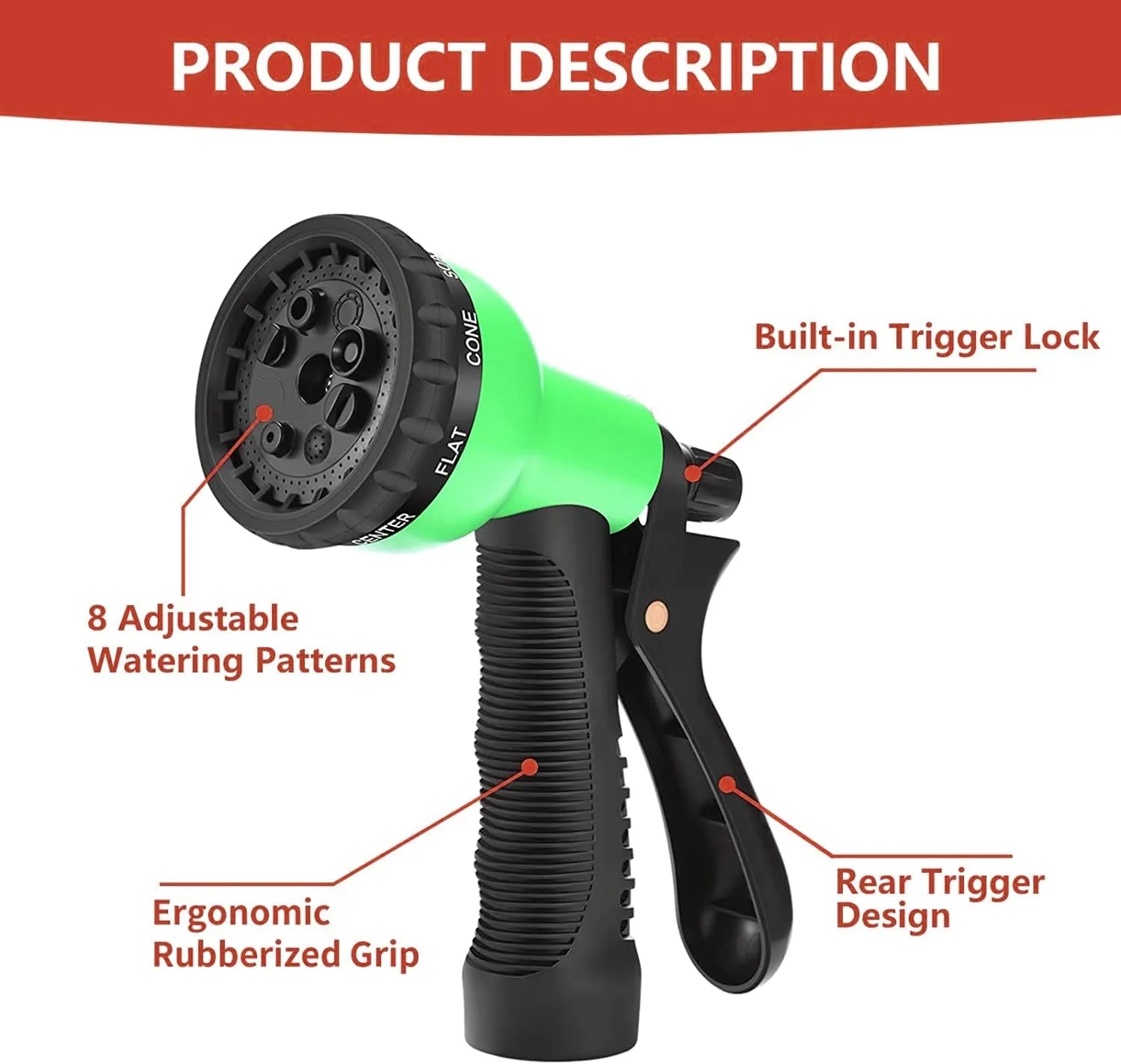 Wolvex ® Hose Spray Gun, 5 Adjustable Patterns Hose Nozzle, High-Pressure Anti-Slip Water Hose Pipe Spray Gun for Plants & Lawns Watering, Bike & Car Washing and Pets Bathing (Dark Green)