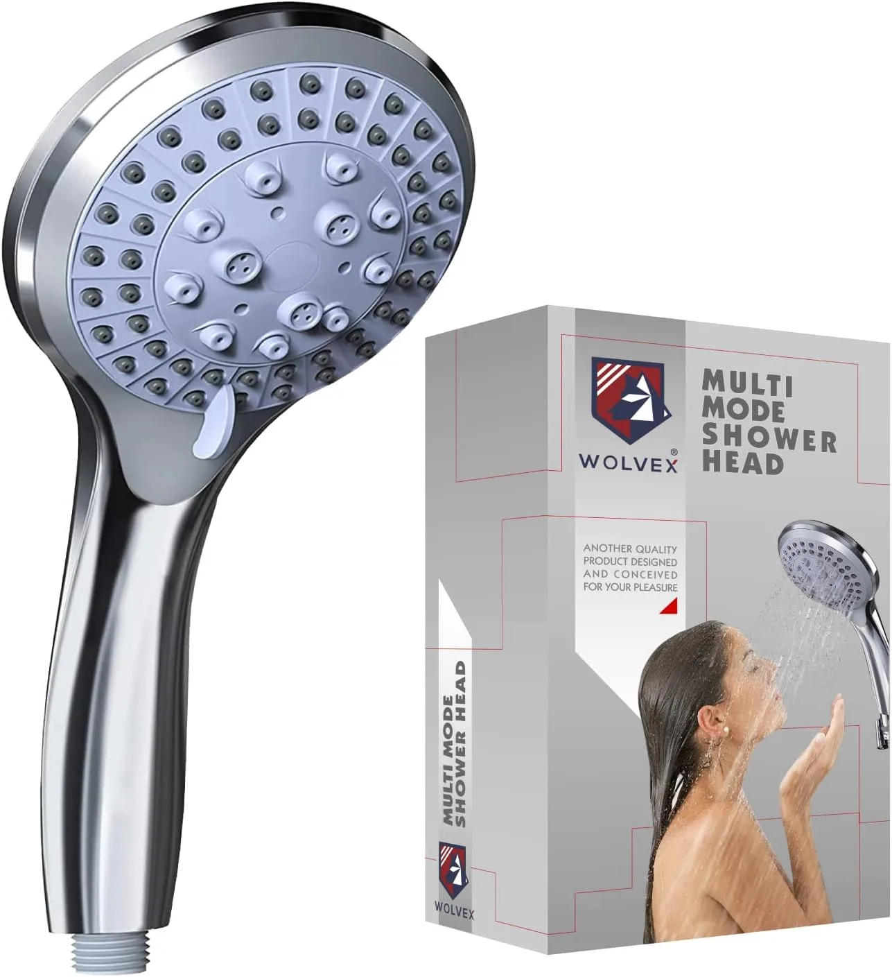 Water Saving Shower Head Powerful Flow Chrome Shower Head Pressure Boosting Shower Head Spray with 5 Modes Water Saving Bathing for Adults Children Pets Home and Gym Use by Wolvex ®