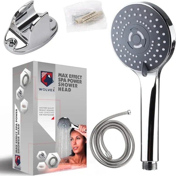 Eco Shower Head with Pause Mode and Massage Spa, Luxury Shower Head Experience Even at Low Water Pressure, 5 Spray Modes Universal Powerful Shower Head by Wolvex®