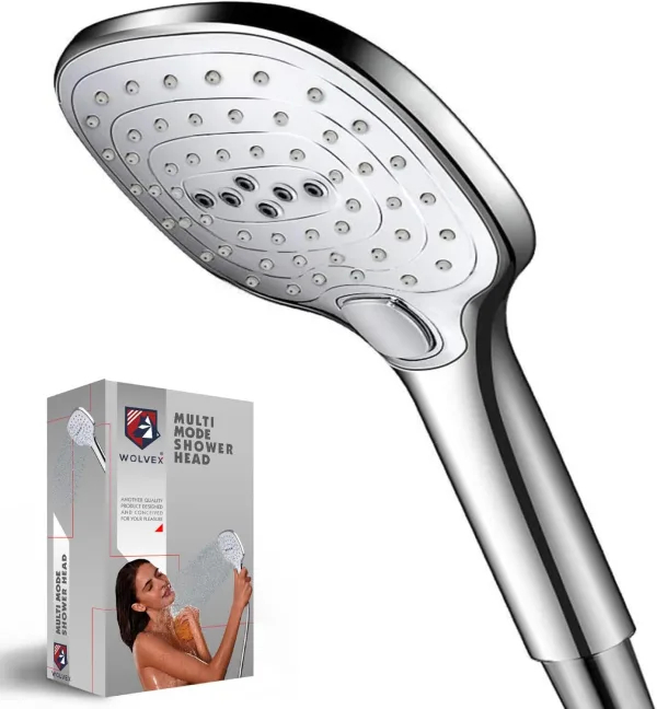 Handheld Water Saving Showerhead High Pressure Shower Head 3 Spray Modes with Massage, Spa Experience, Full-Chrome Hand Showerhead with Control Button, High Pressure, Easy Installation by Wolvex ®