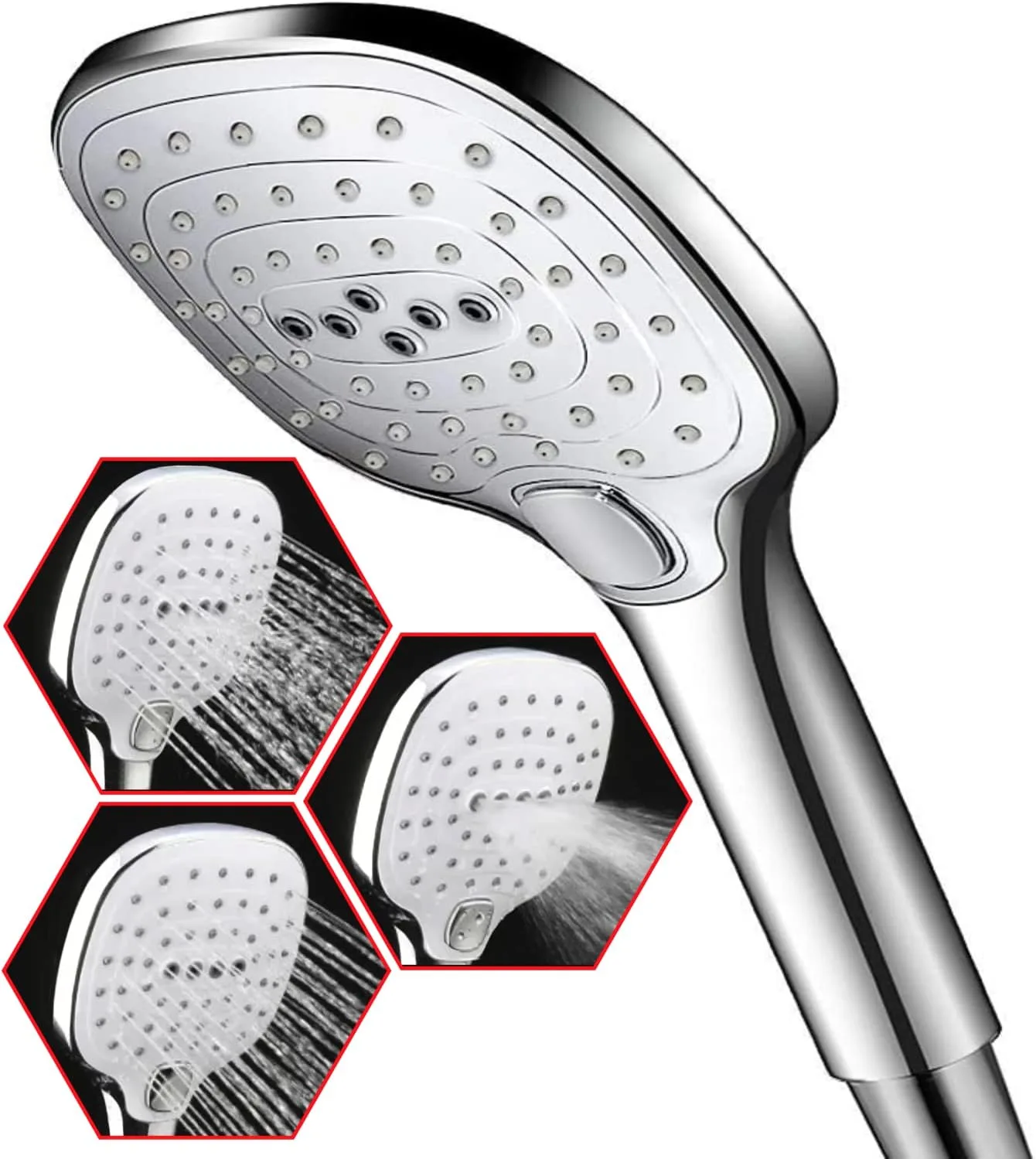Handheld Water Saving Showerhead High Pressure Shower Head 3 Spray Modes with Massage, Spa Experience, Full-Chrome Hand Showerhead with Control Button, High Pressure, Easy Installation by Wolvex ®