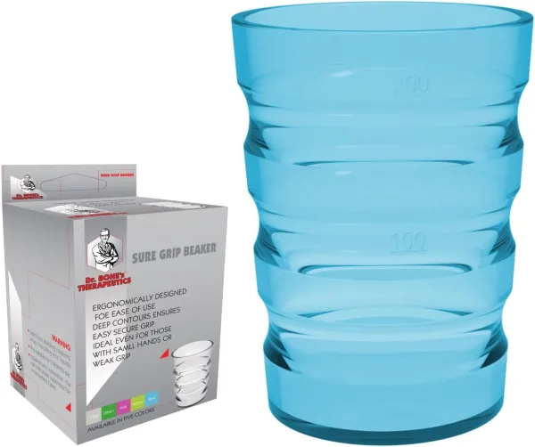 Dr. Bone's Therapeutics ® 200 ml Clear Non Spill Cup, Portable Travel Mug for Children, Elderly and Disabled Adult Drinking Cup/Beaker/Mug/Sippy Cup for Disabled Adults for Better Grip (Blue)