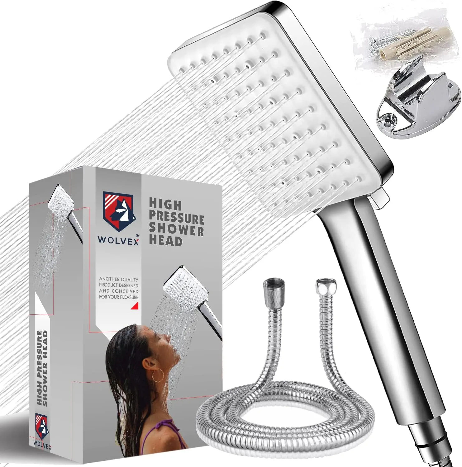 Square Shower Head and Hose 2M Full Set High Pressure Water Saving Handheld Showers with 6 Modes Spray Shower Head Universal Chrome Handheld Showerhead Single-Hand Adjustable Shower Head by Wolvex ®