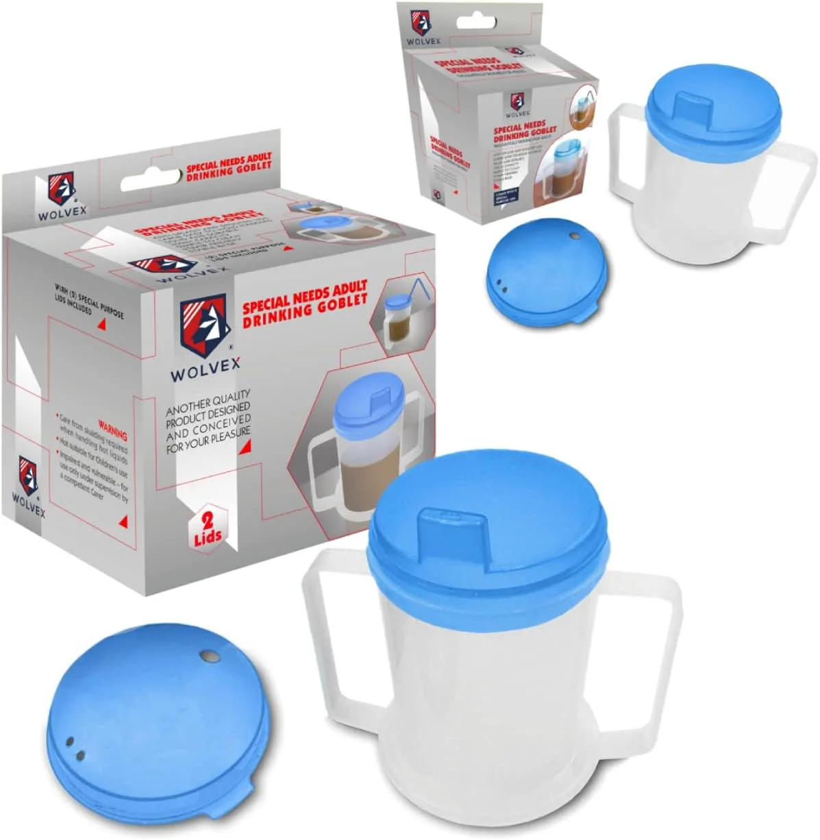 Wolvex 350ML Pack 2 Adult Drinking Cup Beaker with Handles & Anti Spill lids for Disabled Adults Dishwasher and Microwave Safe BPA, PVC and Latex Free (2)