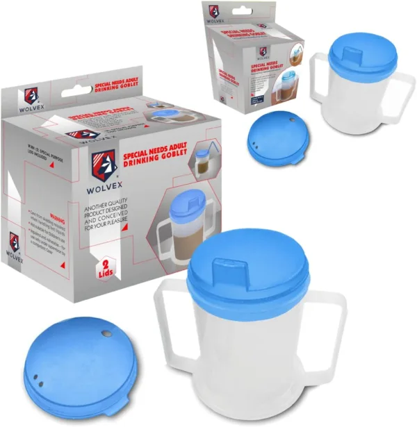 Wolvex 350ML Pack 2 Adult Drinking Cup Beaker with Handles & Anti Spill lids for Disabled Adults Dishwasher and Microwave Safe BPA, PVC and Latex Free (2)