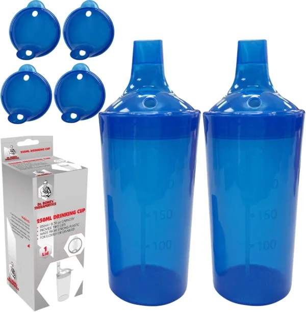 DR. BONE'S THERAPEUTICS ® Set of 2: Red, Wide Spout, Feeding Beakers. 250ml with Graduated Measurements and Adjustable Flow Lid - Autoclavable, Microwave Safe Spill-Proof & Leak Prevention