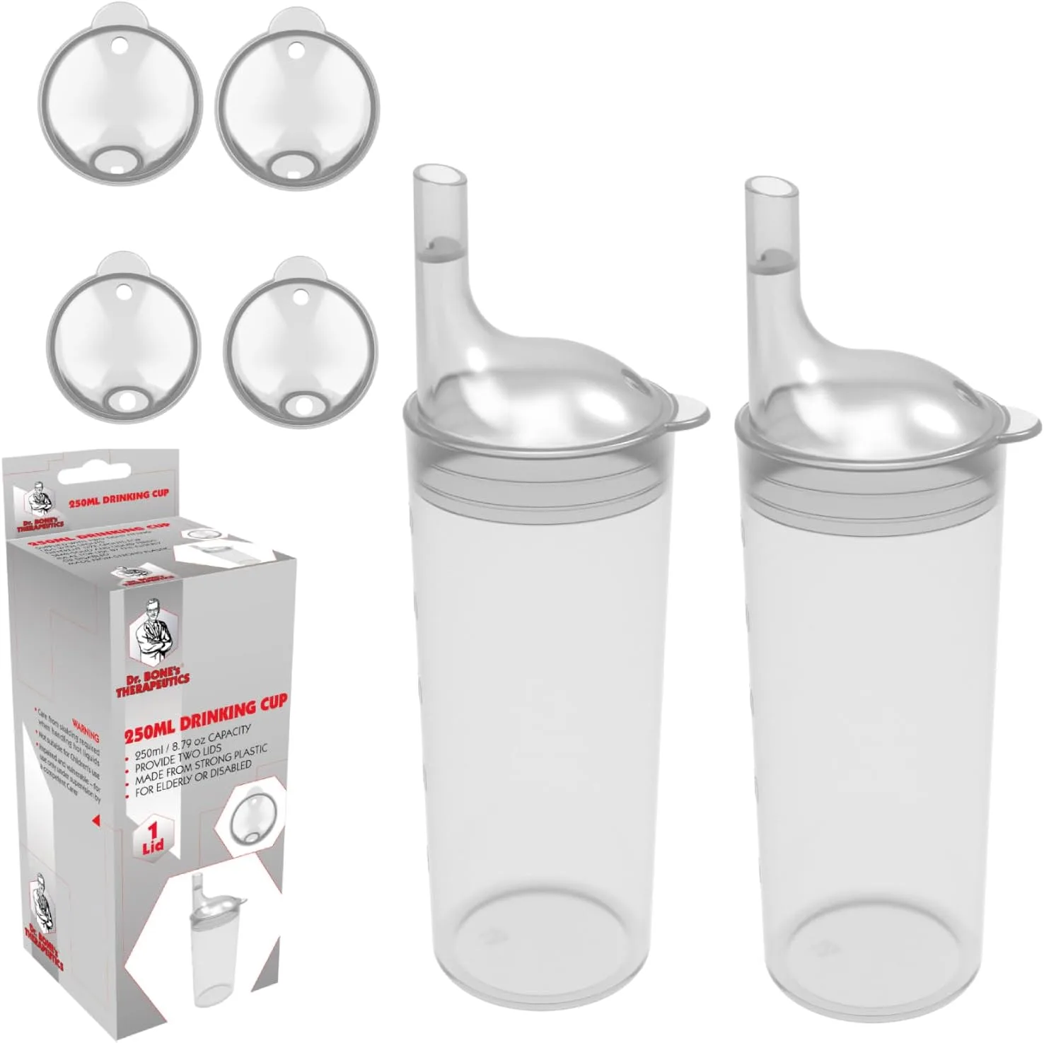 DR. BONE'S THERAPEUTICS ® Set of 2: Red, Wide Spout, Feeding Beakers. 250ml with Graduated Measurements and Adjustable Flow Lid - Autoclavable, Microwave Safe Spill-Proof & Leak Prevention