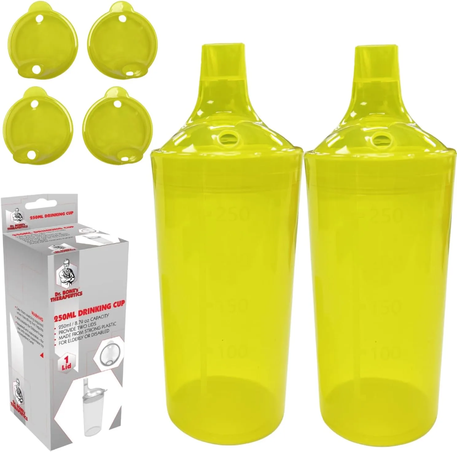 DR. BONE'S THERAPEUTICS ® Set of 2: Red, Wide Spout, Feeding Beakers. 250ml with Graduated Measurements and Adjustable Flow Lid - Autoclavable, Microwave Safe Spill-Proof & Leak Prevention