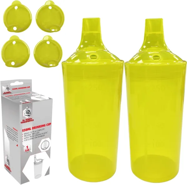 DR. BONE'S THERAPEUTICS ® Set of 2: Red, Wide Spout, Feeding Beakers. 250ml with Graduated Measurements and Adjustable Flow Lid - Autoclavable, Microwave Safe Spill-Proof & Leak Prevention