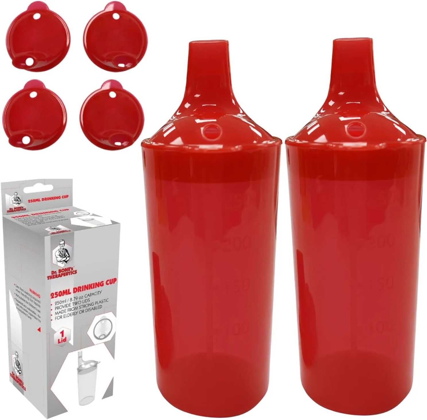 DR. BONE'S THERAPEUTICS ® Set of 2: Red, Wide Spout, Feeding Beakers. 250ml with Graduated Measurements and Adjustable Flow Lid - Autoclavable, Microwave Safe Spill-Proof & Leak Prevention