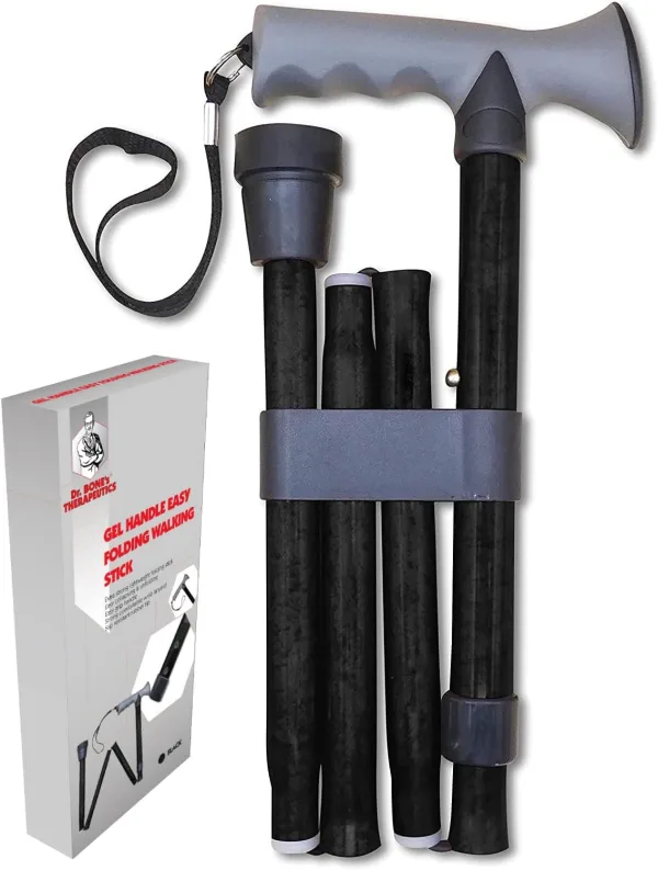 Dr. Bone's Therapeutics ® Easy Folding Walking Stick – Gel Handle Height Adjustable Comfort Grip Collapsible Folding Cane for Men & Women Adjustable Length Lightweight Walking Sticks - Black