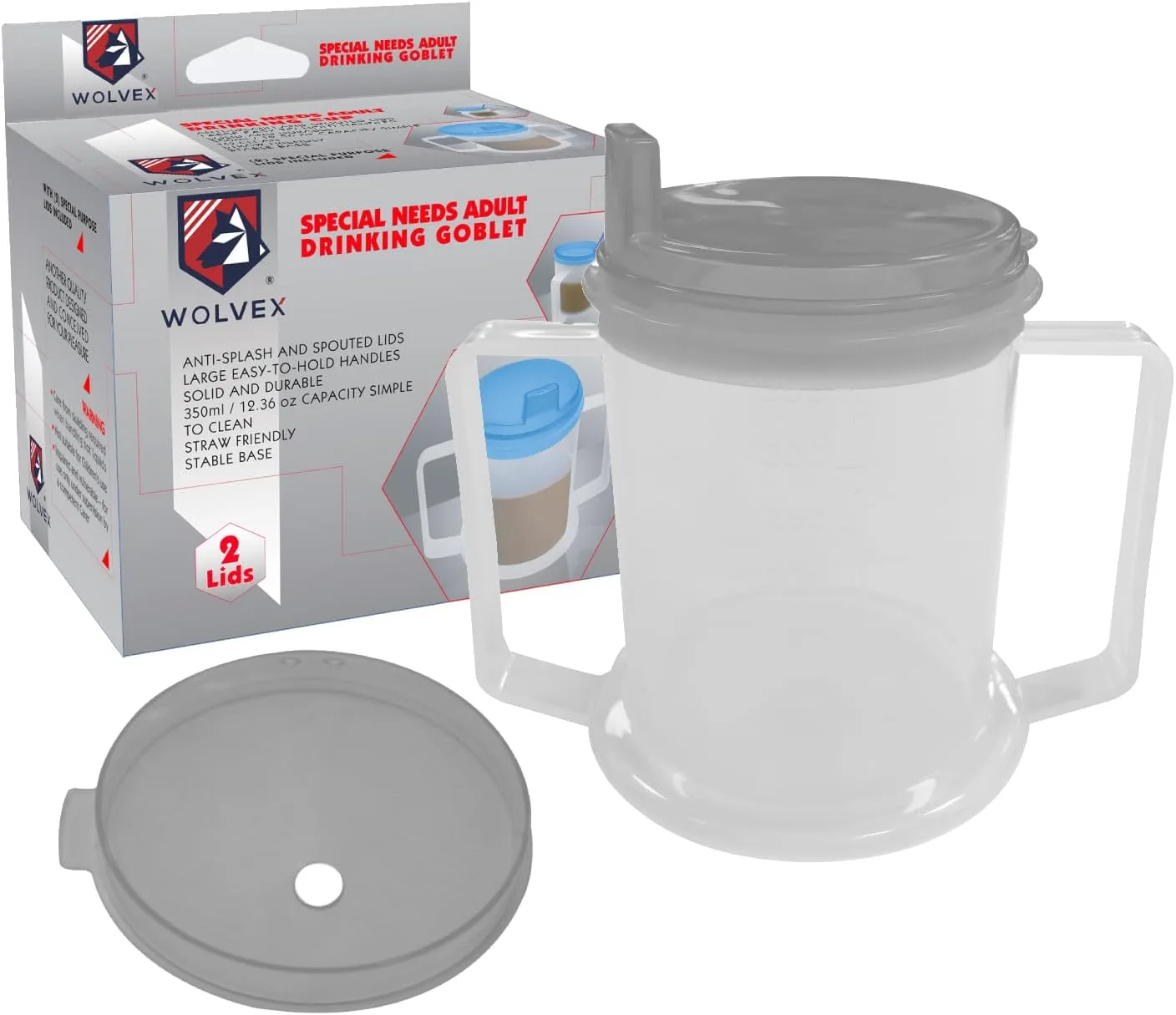 Wolvex 350ML Adult Drinking Cup Beaker with Handles & Anti Spill lids for Disabled Adults Dishwasher and Microwave Safe BPA, PVC and Latex Free