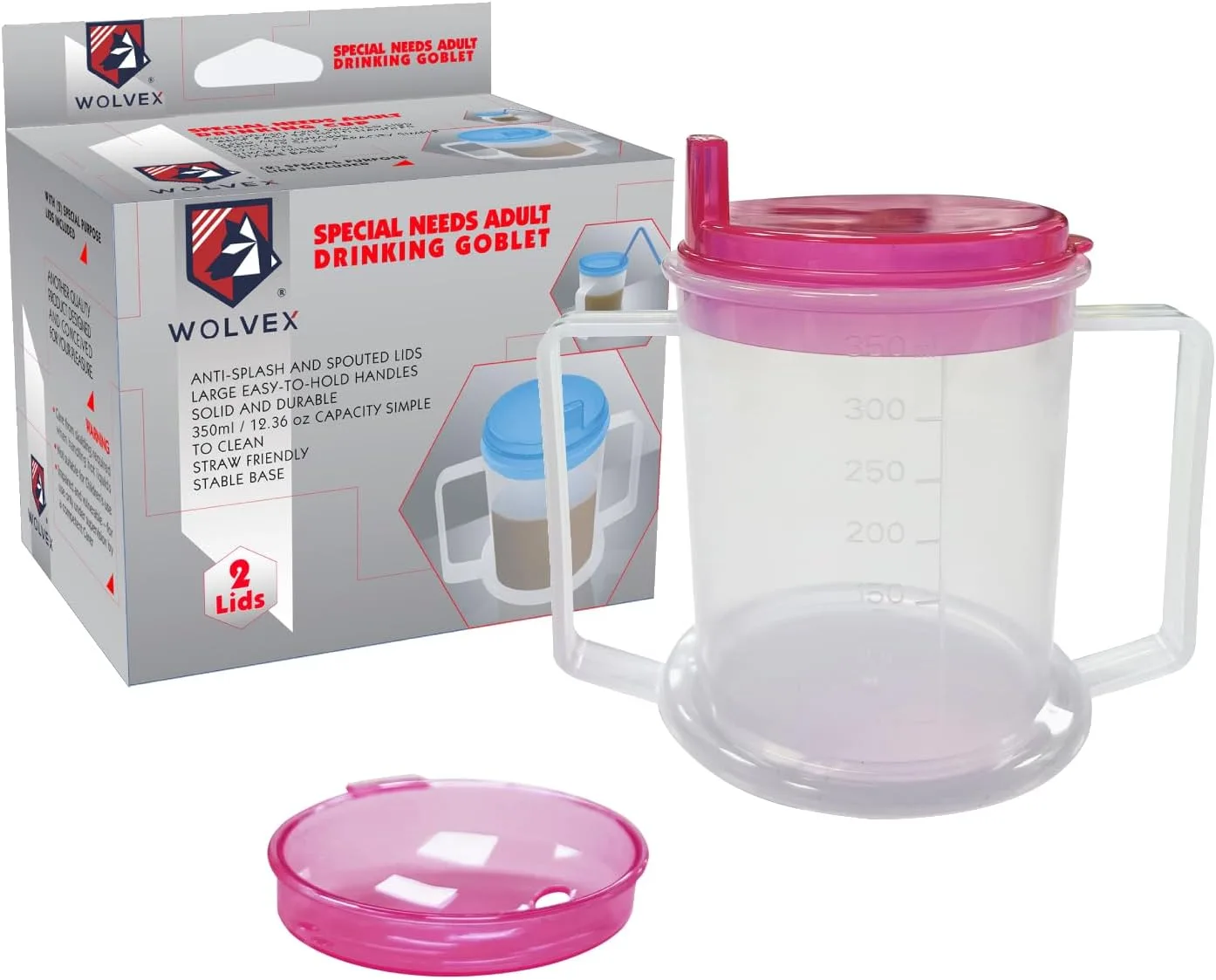 Wolvex 350ML Adult Drinking Cup Beaker with Handles & Anti Spill lids for Disabled Adults Dishwasher and Microwave Safe BPA, PVC and Latex Free