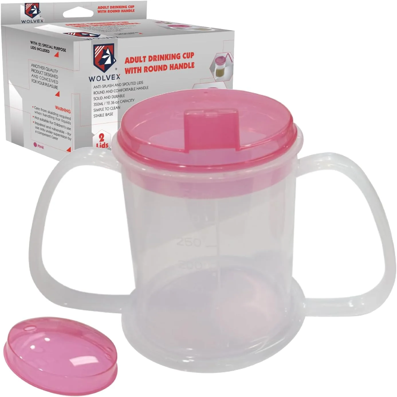 Wolvex 350ML Adult Drinking Cup with Comfortable Round Handle, 2 Style Lids, and Anti-Spill Features - Ideal Beaker for Disabled Adults, Dishwasher & Microwave Safe, Lightweight, BPA-Free Sippy (Blue)