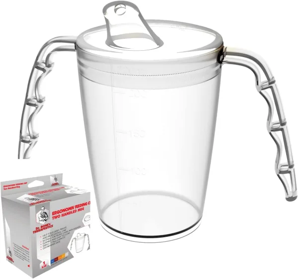 Two handled adult drinking cup 220 ml Red with spouted lid small opening plastic mug for enhanced ergonomics, mug for secure grip even with shaky hands drinking aid, cup for the care, feeding cup