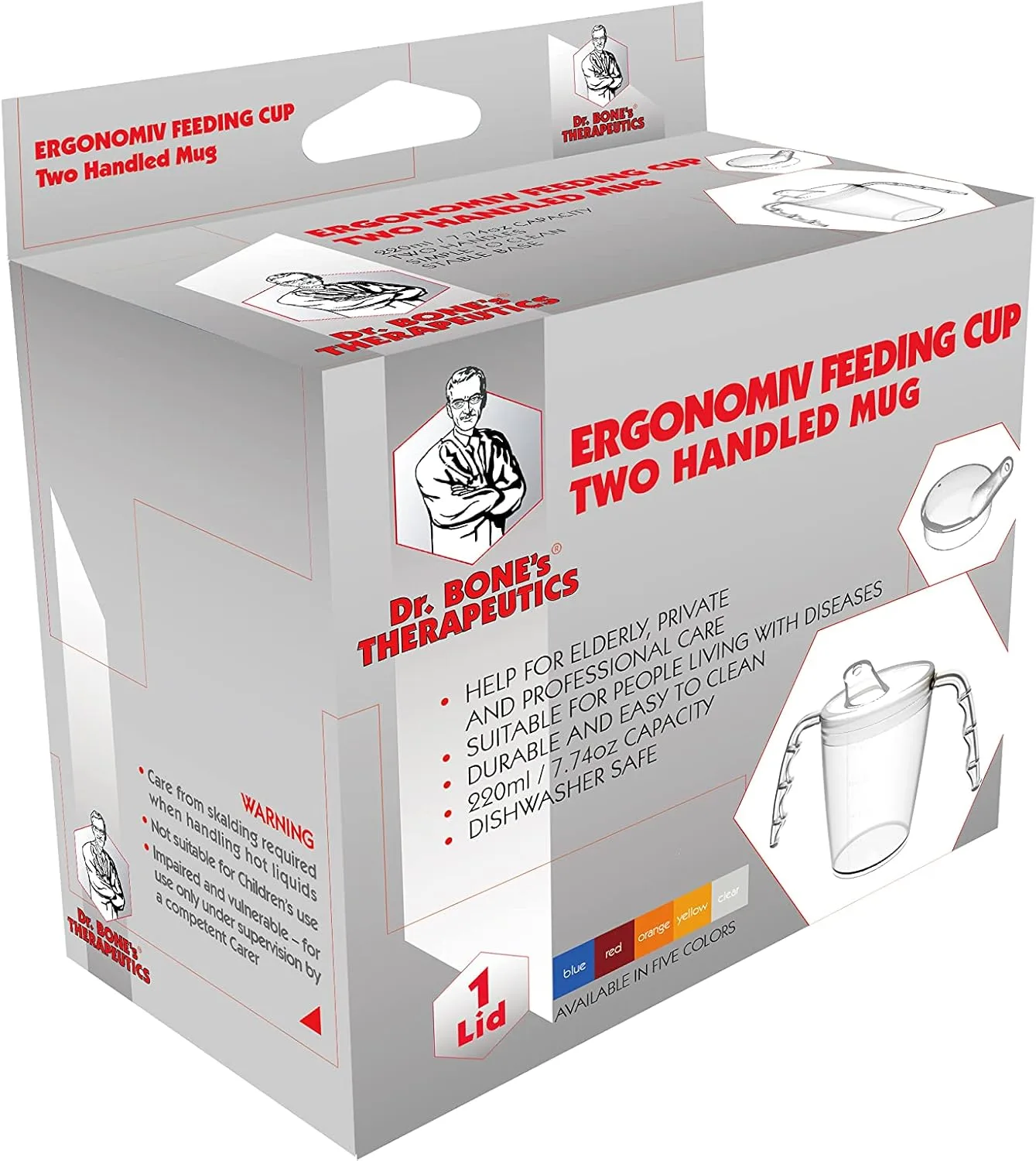 Two handled adult drinking cup 220 ml Red with spouted lid small opening plastic mug for enhanced ergonomics, mug for secure grip even with shaky hands drinking aid, cup for the care, feeding cup