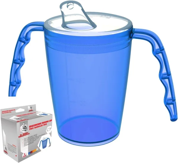 Two handled adult drinking cup 220 ml Red with spouted lid small opening plastic mug for enhanced ergonomics, mug for secure grip even with shaky hands drinking aid, cup for the care, feeding cup