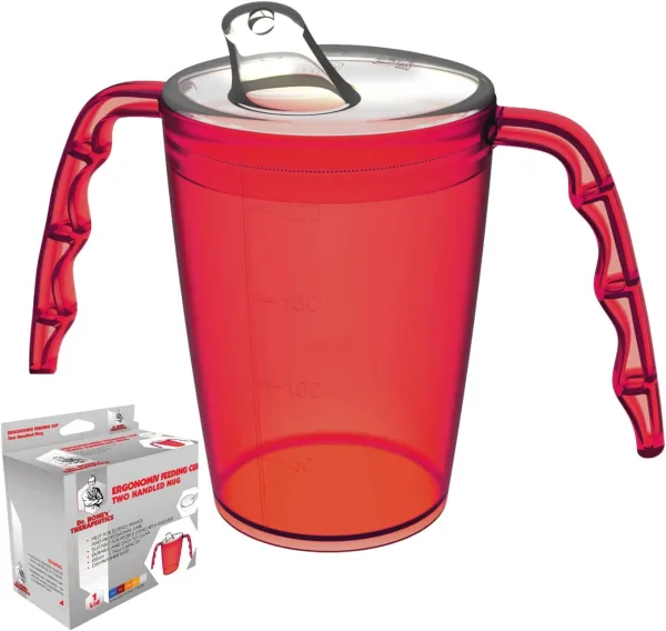Two handled adult drinking cup 220 ml Red with spouted lid small opening plastic mug for enhanced ergonomics, mug for secure grip even with shaky hands drinking aid, cup for the care, feeding cup