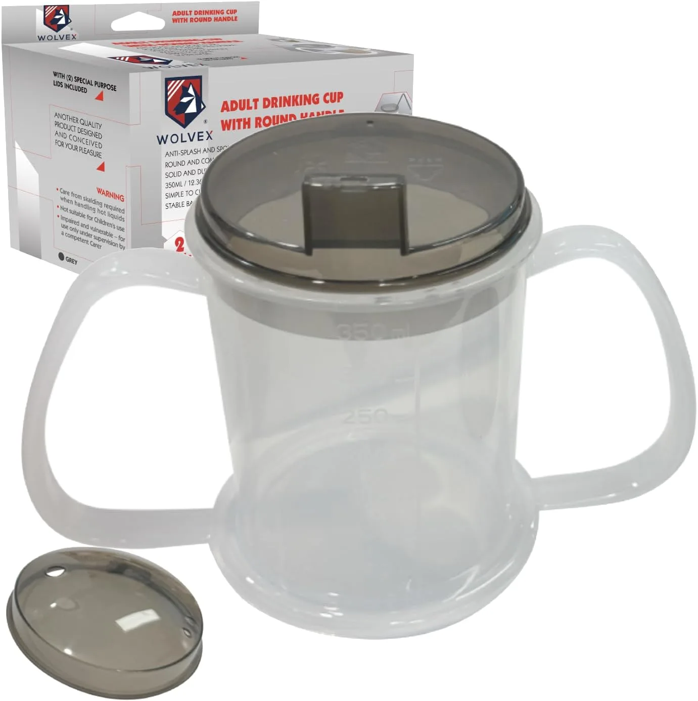 Wolvex 350ML Adult Drinking Cup with Comfortable Round Handle, 2 Style Lids, and Anti-Spill Features - Ideal Beaker for Disabled Adults, Dishwasher & Microwave Safe, Lightweight, BPA-Free Sippy (Blue)
