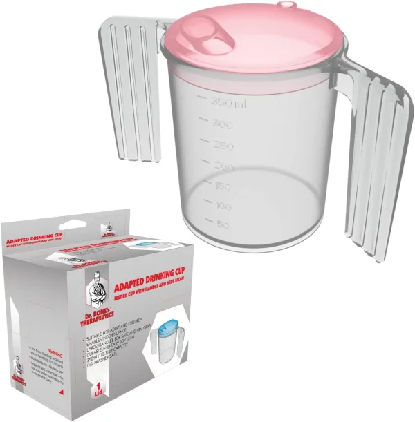 Two Handled 350ML Plastic Feeding Cup with Spout Adult Feeder Beaker Disability Drinking, Adult Drinking for Disabled Adults Cup Feeder Cup with Handle with Wide Spout Dishwasher Safe - Pink Lid