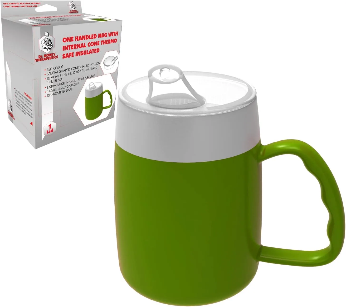Dr. Bone's Therapeutics ® Green Mug with Internal Cone with Spouted Lid with Small Opening, Spill-Proof, Drinking aid, Thermo Mug, Feeding Cup Drinking Aid Adult Drinking Cup Sippy Cup 140 ml