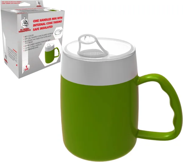Dr. Bone's Therapeutics ® Green Mug with Internal Cone with Spouted Lid with Small Opening, Spill-Proof, Drinking aid, Thermo Mug, Feeding Cup Drinking Aid Adult Drinking Cup Sippy Cup 140 ml