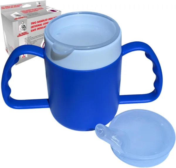 Dr. Bone's Therapeutics ® Two Handled 2 Lids Mug with Internal Cone Blue with Spouted Lid with Small Opening, Drinking aid 140 ml