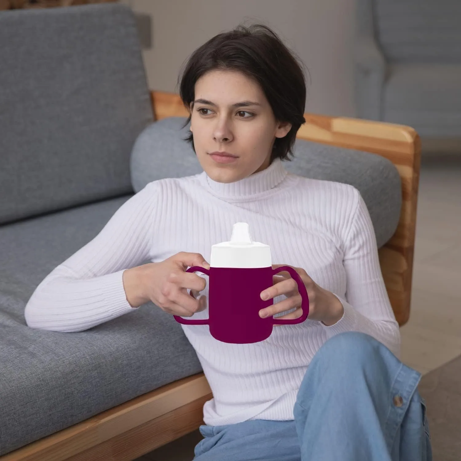 Dr. Bone's Therapeutics ® Two Handled 2 Lids Mug with Internal Cone Blue with Spouted Lid with Small Opening, Drinking aid 140 ml
