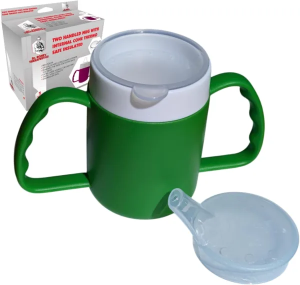 Dr. Bone's Therapeutics ® Two Handled 2 Lids Mug with Internal Cone Blue with Spouted Lid with Small Opening, Drinking aid 140 ml