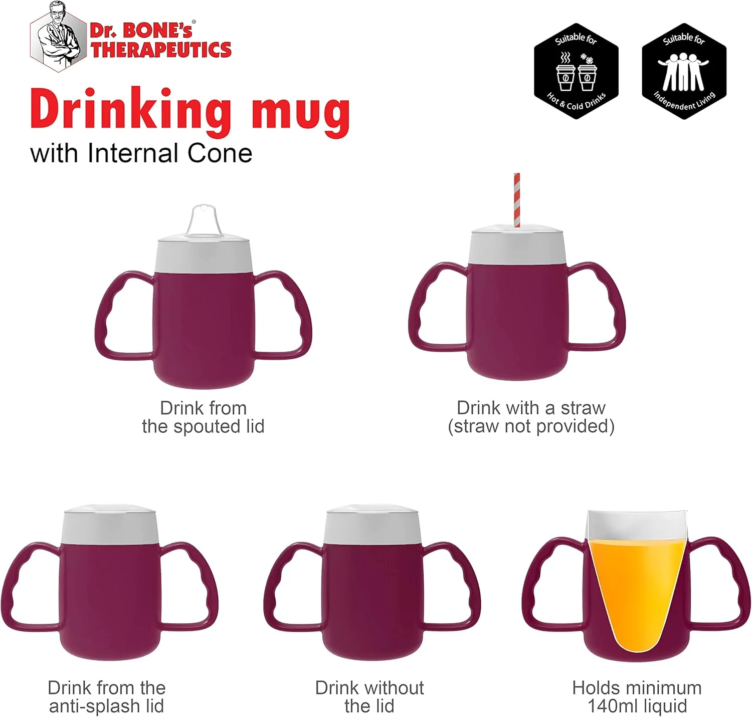 Two Handled 140ml Adult Drinking Cup, Internal Cone, and Spouted Lid. Perfect for A Spill-Proof Sipping Experience Adult Drinking Mug/Drinking Cup/Sippy Cup Get Your Drinking Aid Now! (BlackBerry)