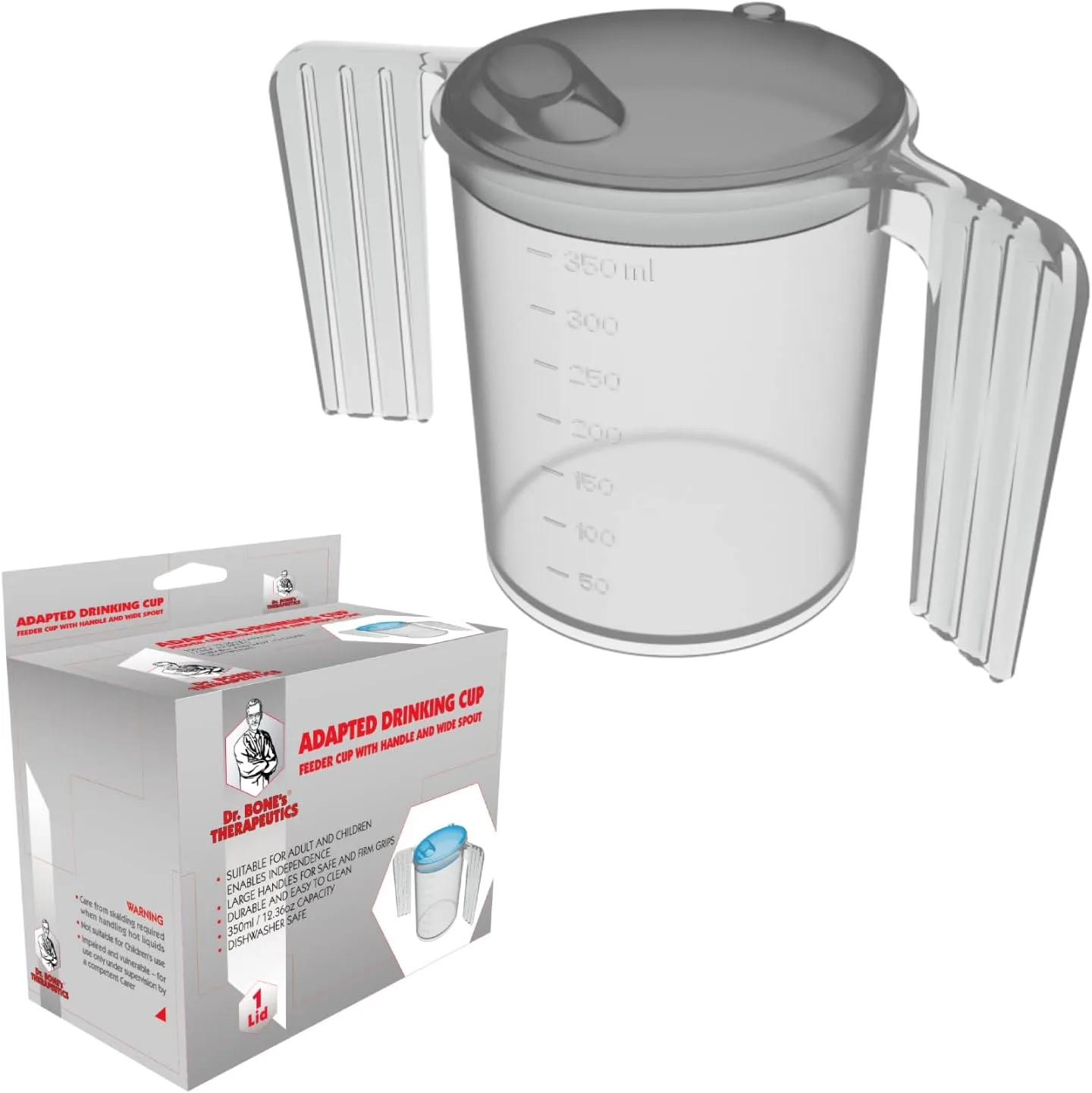 Two Handled 350ML Plastic Feeding Cup with Spout Adult Feeder Beaker Disability Drinking, Adult Drinking for Disabled Adults Cup Feeder Cup with Handle with Wide Spout Dishwasher Safe - Grey Lid