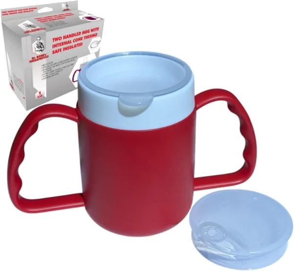 Dr. Bone's Therapeutics ® Two Handled 2 Lids Mug with Internal Cone Blue with Spouted Lid with Small Opening, Drinking aid 140 ml
