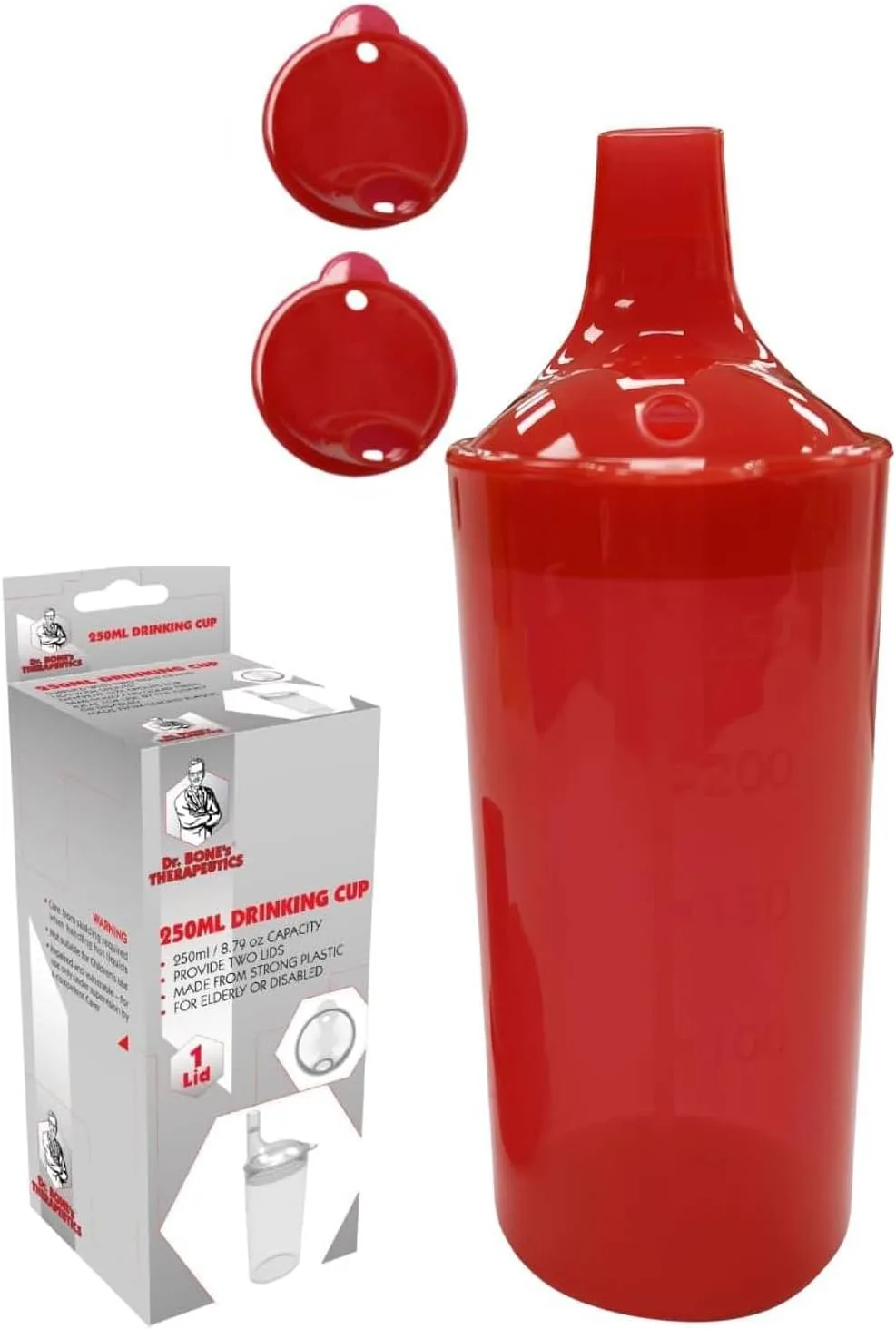 Plastic Feeding Cup with 2 Lids Adult Feeder Beaker with Large & Small Spouts, Straw Holes – Ideal for Liquids & Blended Foods – Easy to Hold, Spill-Resistant, Perfect for Home & Hospital Use (Red)