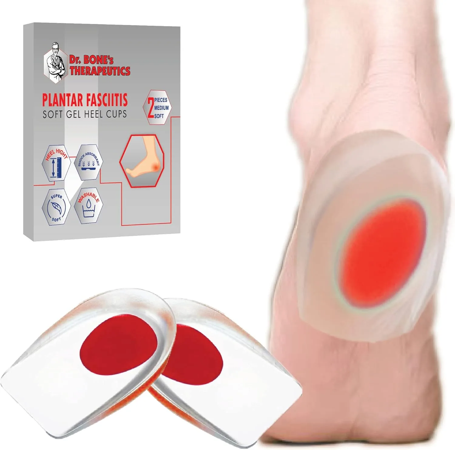 Dr. Bone's Therapeutics Gel Heel Cups, Medical Grade, Invisible Inner Heel Pad, Silicone Shock-Absorbing pad for Plantar Fasciitis,Bone Spurs Foot Care, Heel Pads, Size 3.0-6.5, Red, 2 Count