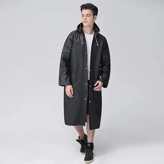 Wolvex Raincoats for Adults, Reusable Waterproof Rain Poncho Emergency Rain Coat with Hood and Sleeves, Lightweight EVA Rainwear, [ Pack of 1] Rain Coats for Men and Women (Black))